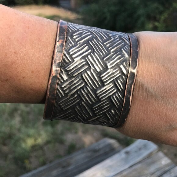 Woven Weave Embossed Sterling Silver 925 Copper Cuff Wide Rustic Handmade - Picture 12 of 13